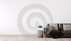 Dark sofa in minimal living room design, empty wall mockup, modern style