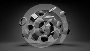 In a dark space, an array of geometric shapes spheres, cubes,