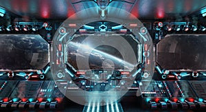 Dark spaceship interior with glowing blue and red lights. Futuristic spacecraft with large window view on planet Earth. 3D