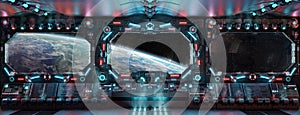 Dark spaceship interior with glowing blue and red lights. Futuristic spacecraft with large window view on planet Earth. 3D