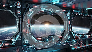 Dark spaceship interior with glowing blue and red lights. Futuristic spacecraft with large window view on planet Earth. 3D