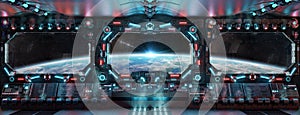 Dark spaceship interior with glowing blue and red lights. Futuristic spacecraft with large window view on planet Earth. 3D