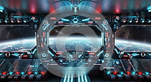 Dark spaceship interior with glowing blue and red lights. Futuristic spacecraft with large window view on planet Earth. 3D