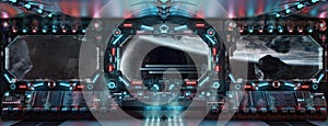 Dark spaceship interior with glowing blue and red lights. Futuristic spacecraft with large window view on planets in space. 3D