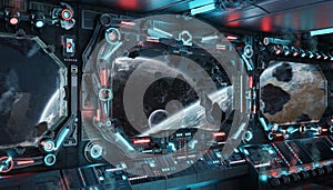 Dark spaceship interior with glowing blue and red lights. Futuristic spacecraft with large window view on planets in space. 3D