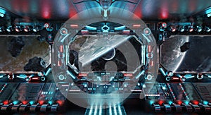 Dark spaceship interior with glowing blue and red lights. Futuristic spacecraft with large window view on planets in space. 3D