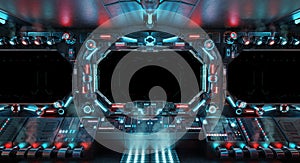 Dark spaceship interior with isolated window. Futuristic spacecraft with glowing blue and red control panels and empty view. 3D