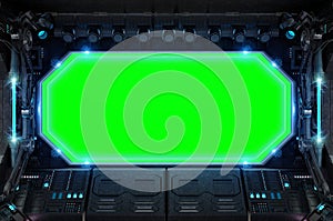 Dark spaceship interior with large window view 3D rendering