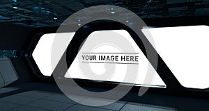 Dark spaceship interior with large window view 3D rendering