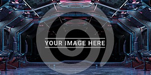 Dark spaceship interior with large window view 3D rendering