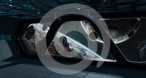 Dark spaceship interior with large window view 3D rendering