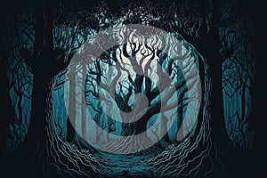 Dark spooky fantasy forest with scary trees. Generative AI