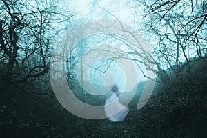 A dark, spooky forest with a ghostly woman in a white dress, on a foggy winters day. With an old artistic vintage edit