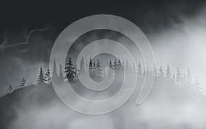 Dark spooky realistic halloween forest on the hill at night in the fog. Vector illustration.