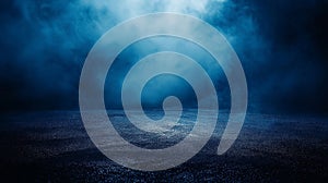 Dark stage, a blue light cast an ethereal glow, creating an empty space filled with the soft effects of fog and mist, reflecting