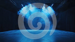 Blue stage lighting with smoke. AI Generated photo
