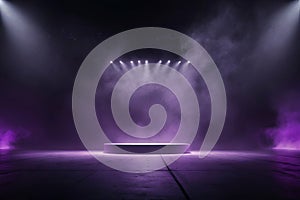 The dark stage shows, purple background neon light with smoke