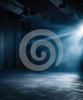 The dark stage with smoky dark blue background. an empty dark room with window shadows for display products.