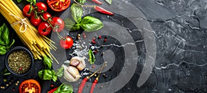 Dark stone plate with arranged tomatoes, pasta, basil, garlic and spices