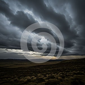 Dark storm clouds blanket the sky, creating a dramatic and foreboding atmosphere. photo