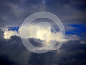 Dark Storm Clouds With Blue Sky and White Cloud in Gap