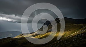 Generative AI. Dramatic storm clouds gathering over rugged mountain landscape