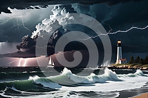 Dark Storm Clouds Gathering Over Turbulent Sea Waves: Lightning Streaking Across the Sky, Sailboat Battling Nature\'s Fury