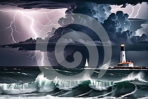 Dark Storm Clouds Gathering Over Turbulent Sea Waves: Lightning Streaking Across the Sky, Sailboat Battling Nature\'s Fury