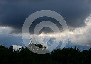 Dark storm clouds in the sky and silhouettes of trees