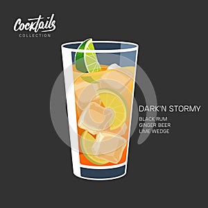 Dark stormy cocktail rum ginger beer vector illustration