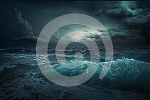 Dark stormy sea background with stormy sky and ocean waves.