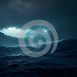 Dark stormy sea with waves and clouds. 3d render illustration AI Generated