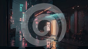 Dark street in cyberpunk city, gloomy alley with neon lighting, generative AI