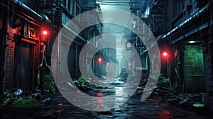 Dark street in cyberpunk city at night, gloomy dirty alley in rain