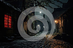 Dark street in a haunted village at night