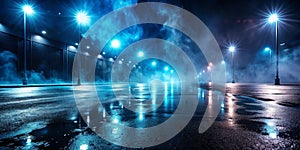 Dark street, wet asphalt, reflections of rays in the water photo