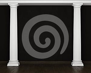 Dark stucco wall with classical columns and wooden floor