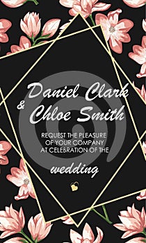 Dark stylish wedding invitation, invitations, save date card Design. Watercolor pink roses on black background, cute white garden