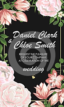 Dark stylish wedding invitation, invitations, save date card Design. Watercolor pink roses on black background, cute white garden