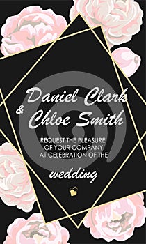 Dark stylish wedding invitation, invitations, save date card Design. Watercolor pink roses on black background, cute white garden