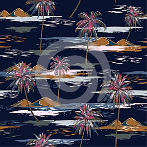 Dark summer night Seamless island pattern Landscape with colorful palm trees,beach and ocean vector hand drawn style