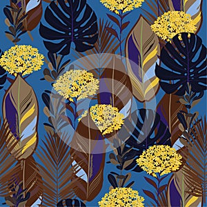 Dark Summer ninght retro botanical jungle leaves pattern, tropic photo