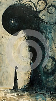 A dark, swirling mass looms over a solitary figure, artistically depicting the overwhelming nature of guilt. Generated AI
