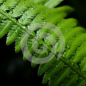Dark Symbolism: Close-up Of Fern Leaf With Water Drops - Organic Contours And Nature-inspired Imagery