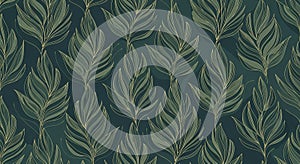 Dark Teal Background with Repeating Pattern of Stylized Green Leaves and Gold Outlines (453