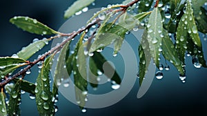 Dark Teal And Silver Water Drops On Tree Branches Wallpaper