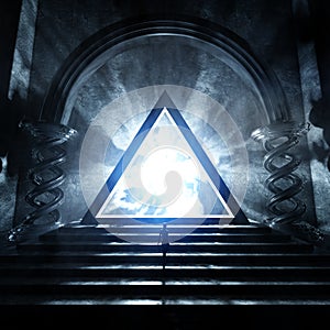 Dark Temple With Glowing Triangle