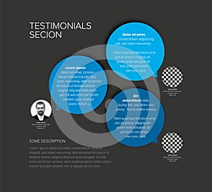 Dark testimonial reviews section layout template with blue circle speech bubbles