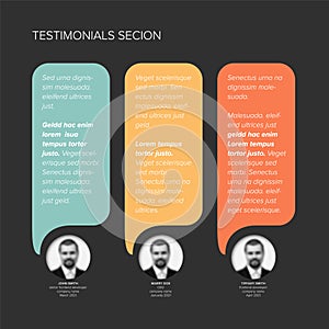 Dark Testimonial reviews section layout template with vertical speech bubbles