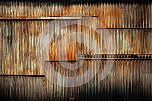 Dark texture corrugated metal background, surface of the rusted steel, slum wall decayed area